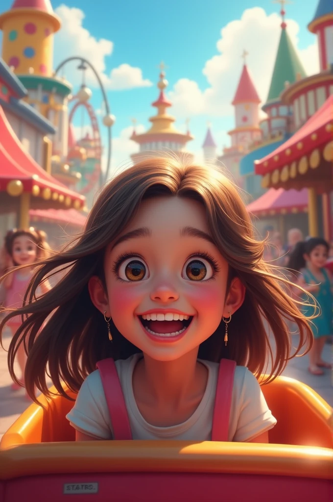 An  girl with long brown hair and her teeth pointing forward happily in the background of an amusement park. 