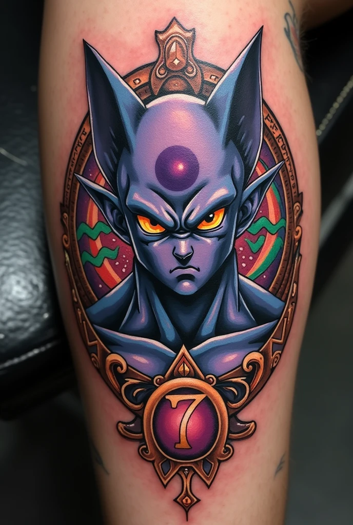 A tattoo art with number 7;Beerus;symbol of the signs of aries and gemini
