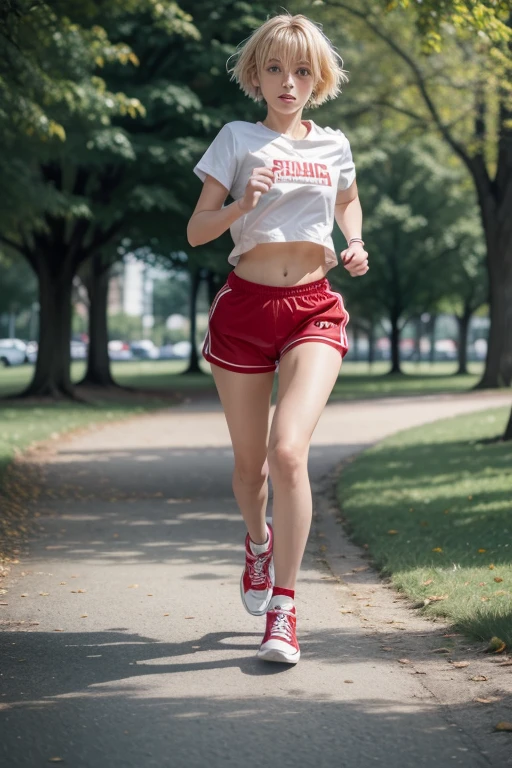 the girl, atelectic, running in a park, wearing red sneakers, blonde, short-hair, blonde hair, makeup, depth of field