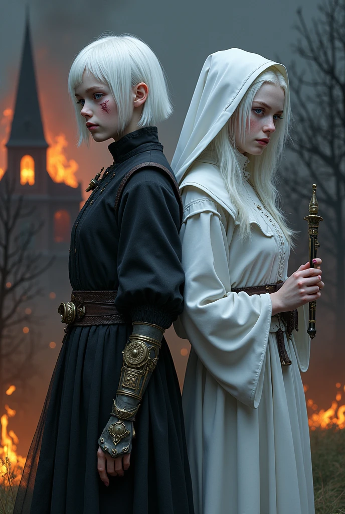 Two albino girls from the Middle Ages standing back to back with violet eyes and white hair, with the one on the left with short hair in dark alchemist clothes and with a steampunk prosthesis with a devilish symbol in her left hand holding a dagger and a cut on her face, and the one on the right in white nun&#39;s clothes holding a rosary, with a burning church behind, the night.