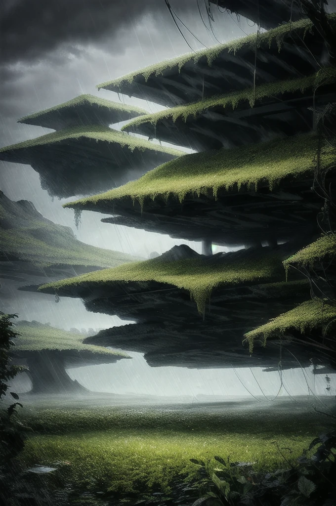 A jungle, with intense rainfall, monochromatic, vines all around, giant and wet trees, masterpiece, best quality, high quality, extremely detailed CG unity 8k wallpaper, oil paiting, award winning photography, Bokeh, Depth of Field, HDR, bloom, Chromatic Aberration ,Photorealistic,extremely detailed, trending on artstation, trending on CGsociety, Intricate, High Detail, dramatic, art by midjourney, volumetric lighting