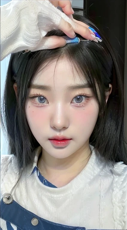 A close-up of a person with a blue nail brush on their head and blue like eyes., jennie pink black, kim jung giu, pale korean adorable face, Young adorable korean face, korean symmetrical face, sakimichan, parque me, [ realistic photo ]!!, TaeJune Kim, Hwang Se - En, Lee Ji Eun, lee ji-eun