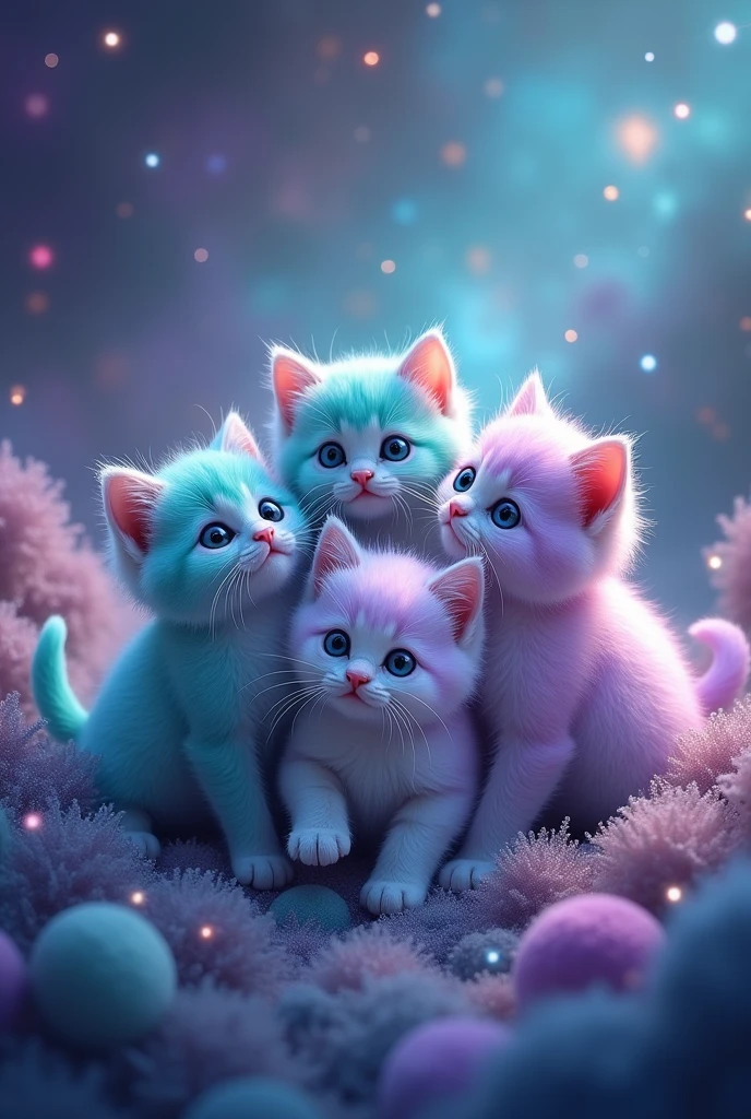 create five cute kittens, in turquoise and lilac colors, realisitic, the background is of a galaxy