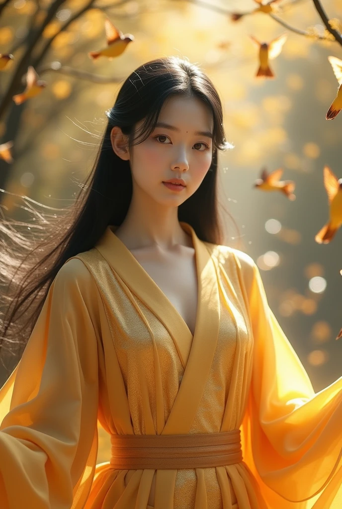 An elegantly dressed Japanese woman in natural light、A full-body frontal photo capturing a calm expression.、It shows her inner peace and outer charm.。
A beautiful, goddess-like face is a sign of wisdom、Closeness、Highly intelligent、It has a very high appeal。Long straight hair with black hair。Thin lips。With her arms outstretched as if to accept everything, her golden dress shines magnificently.。In the background, many small golden birds fly around her.。