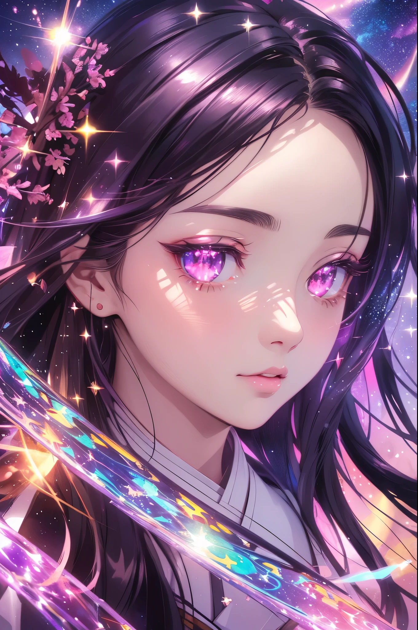 Nezuko from demon slayer. a young woman with long dark hair, (pink eyes), beautiful detailed eyes, beautiful detailed lips, extremely detailed face, longeyelashes, wearing a pink kimono, (best quality,4k,8k,highres,masterpiece:1.2),ultra-detailed,(realistic,photorealistic,photo-realistic:1.37),digital painting,exquisite detail,intricate details,highly detailed,vivid colors,warm lighting,cinematic lighting,dramatic lighting, iridescence, dramatic angle, space, (floating colorful sparkles:1.3), Dramatic Lighting, Chiaroscuro, Evocative Depth, Face Portrait, Close up, ulzzang, 