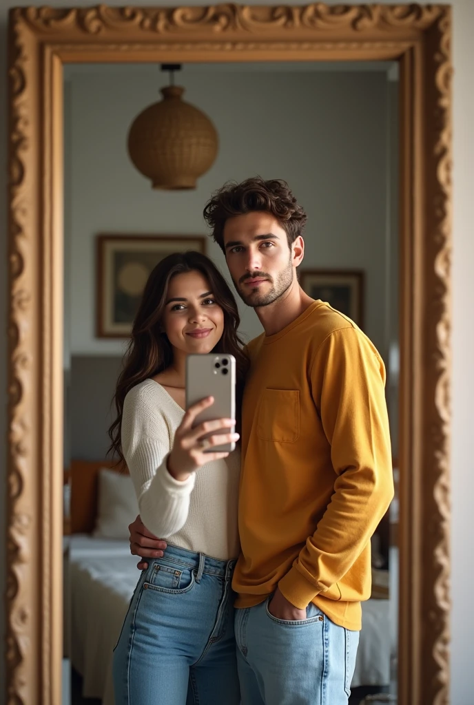 Couple where the guy is tall, offwhite, blue eyes and has short curly hair, and the girl is white, lowrise, dark brown eyes and wavy hair, both taking a picture in front of the mirror at home
