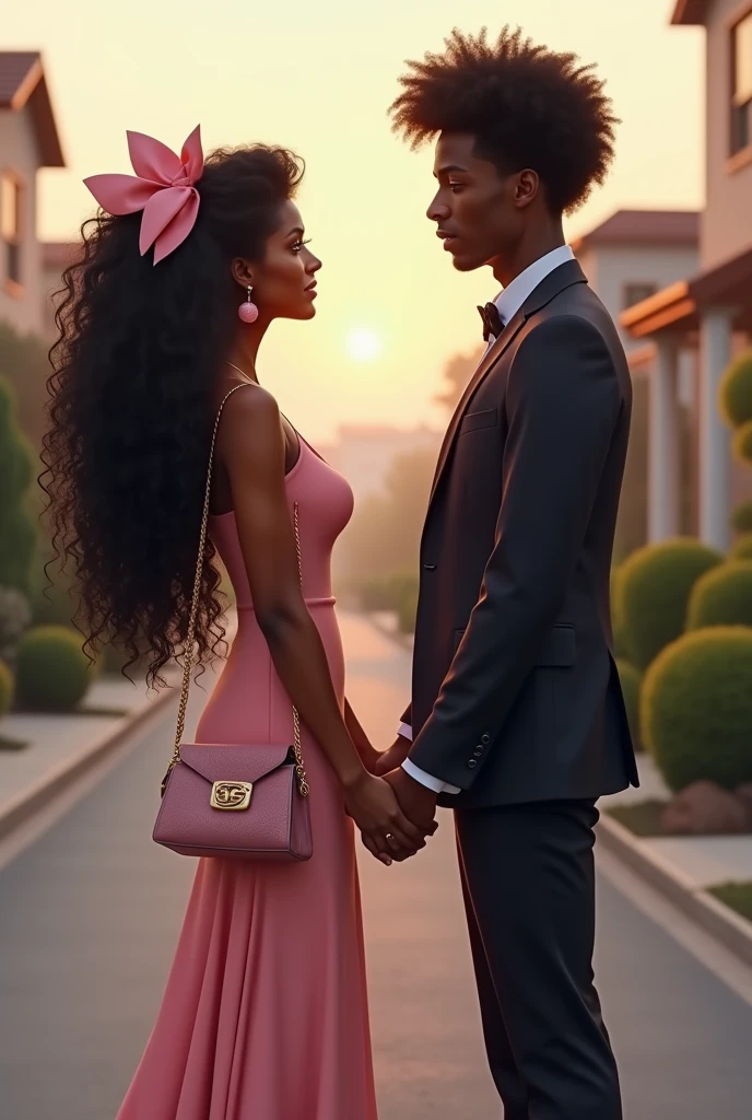 Make 1 woman from behind, Bblack hair, long and curly. She wears a pink bow in her hair and a handbag.. The Woman wears 1 midi dress. Holding hands with the woman, make a tall white man in formal clothes, with brown hair and afro haircut on a street background with houses