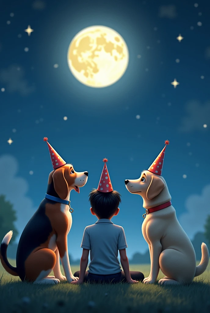 two dogs back to back looking at the moon. A large beagle dog and a small Labrador dog. And a young man with his back turned sitting looking at the moon. Everyone is wearing birthday hats and looking at the moon.