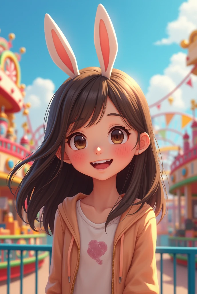 An long brown haired girl with happy bunny teeth in the amusement park background