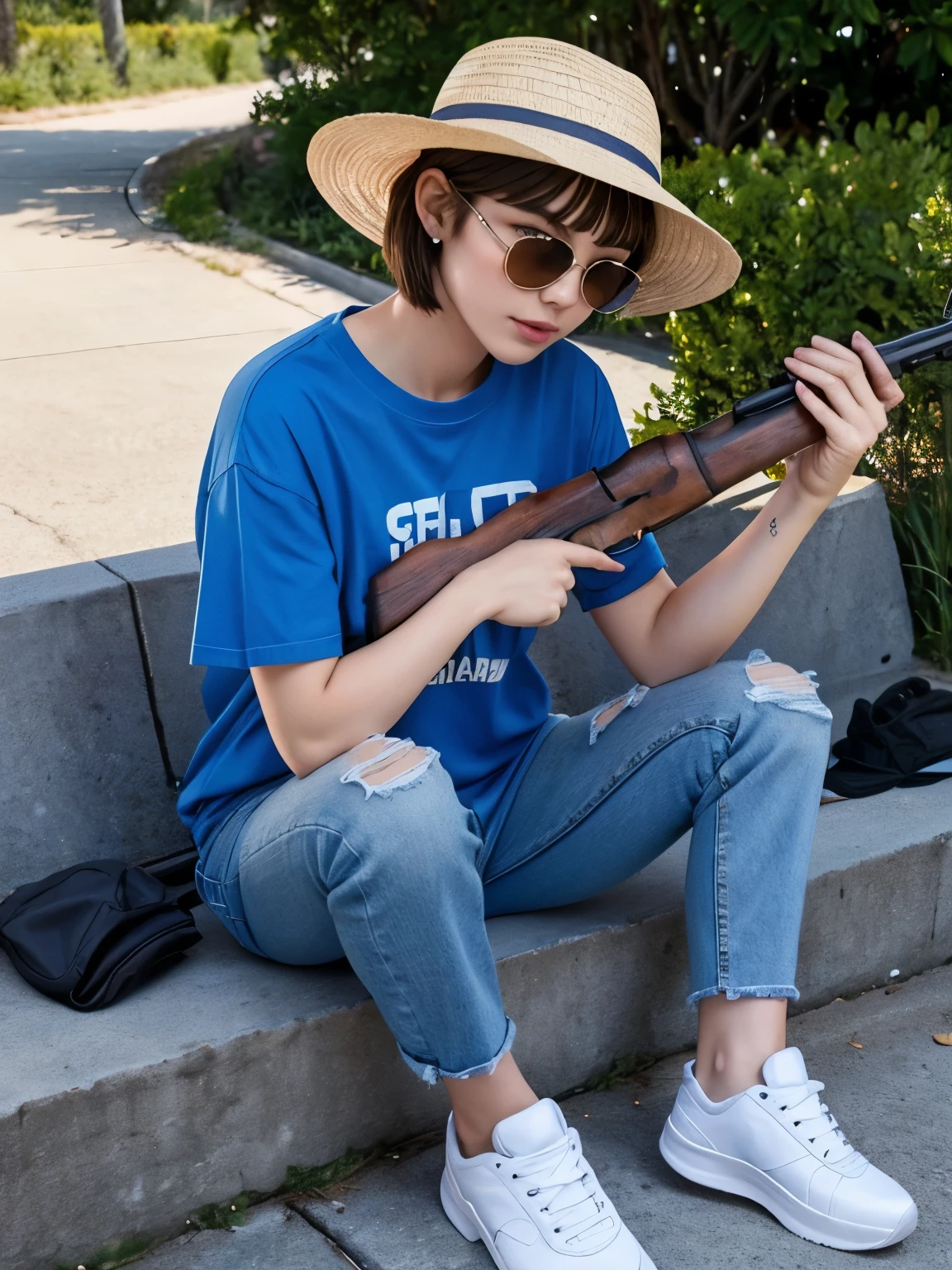 1girl, brunette, short hair, gun, ak47, sun hat, sunglasses, blue tshirt, flower in hat, jeans, white sports shoes,