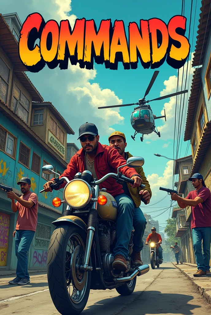 - **fund:** A vibrant and detailed Brazilian favela, with stacked houses, graffiti on walls and busy streets. The sky is cloudy, giving a tense tone to the scene.
- **Personagens:** Two bandits on a MT-07 or Hornet motorcycle, with one of them holding a pistol while the other is on the handlebars, looking back, as if they were on the run. Both are dressed in urban clothes, like jackets and caps, symbolizing the favela culture.
- **Action:** From a distance, some men from the favela holding pistols, showing that they are ready to help the bandits escape.
- **helicopter:** A police helicopter is in the sky, with flashing lights and directing their focus to the fleeing bandits, creating a climate of persecution.
- **Title:** Na parte superior da capa, the name "Commands" is highlighted, using a graffiti font, with an urban and aggressive appearance, possibly in colors such as red or yellow to contrast with the background.