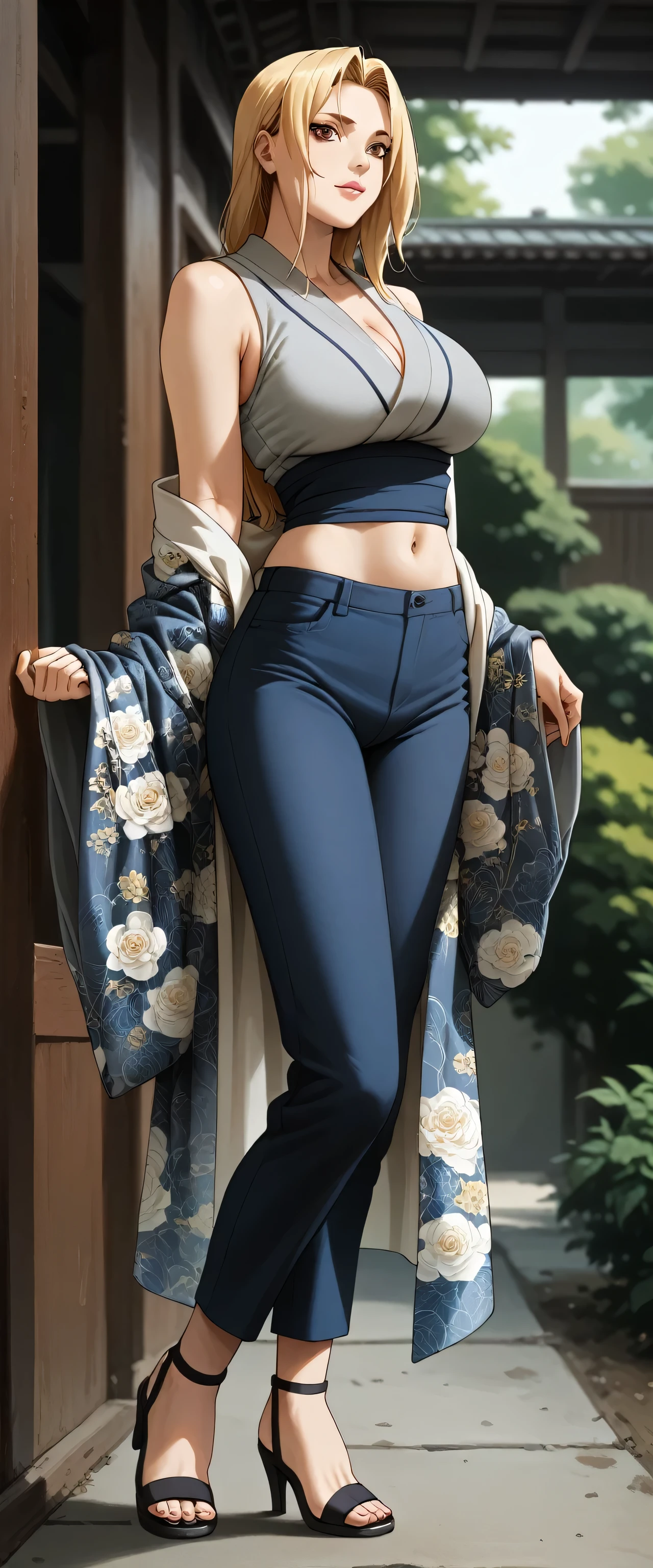 A sexy beautiful girl with big breasts, long yellow hair, brown eyes, a gray sleeveless kimono, shows her breasts, shows her navel, and dark blue pants with black heels