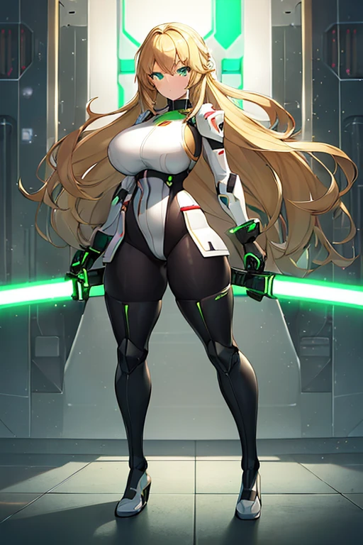 1girl, green eyes, blonde hair, long hair, large breasts, hourglass figure, bodysuit, white bodysuit, neon, neon trim, machinery, tech, science-fiction, futuristic, serious, standing, full body, ((full body)),, pantyhose, black pantyhose, wavy hair, fighting stance, drone, robot girl, gun