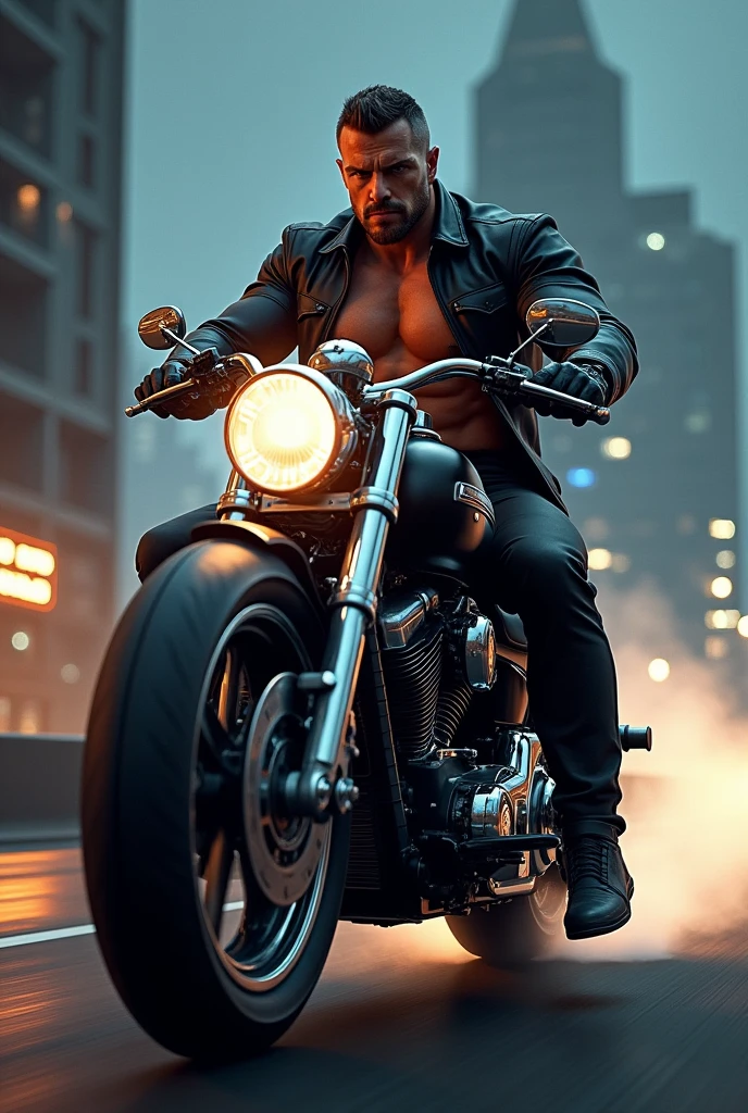 muscular man on motorcycle