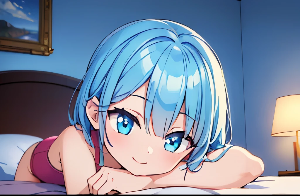 ((masterpiece)), ((best quality)), (ultra-detailed), on the bed, a cute girl, 1girl, solo, underwear00, ((beautiful eyes)), smile, beautiful blue hair