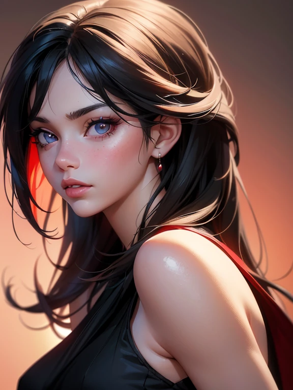 a girl, black hair, 1980s style, red sleeveless dress, long hair, beautiful detailed eyes, beautiful detailed lips, extremely detailed face and features, cinematic lighting, photorealistic, high quality, hyper detailed, vibrant colors, masterpiece