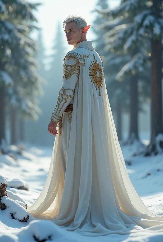 A MALE fairy, similar to actor Daniel Sharman, wearing fantastic medieval winter clothes, white with gold, a cape with the sun printed on the back