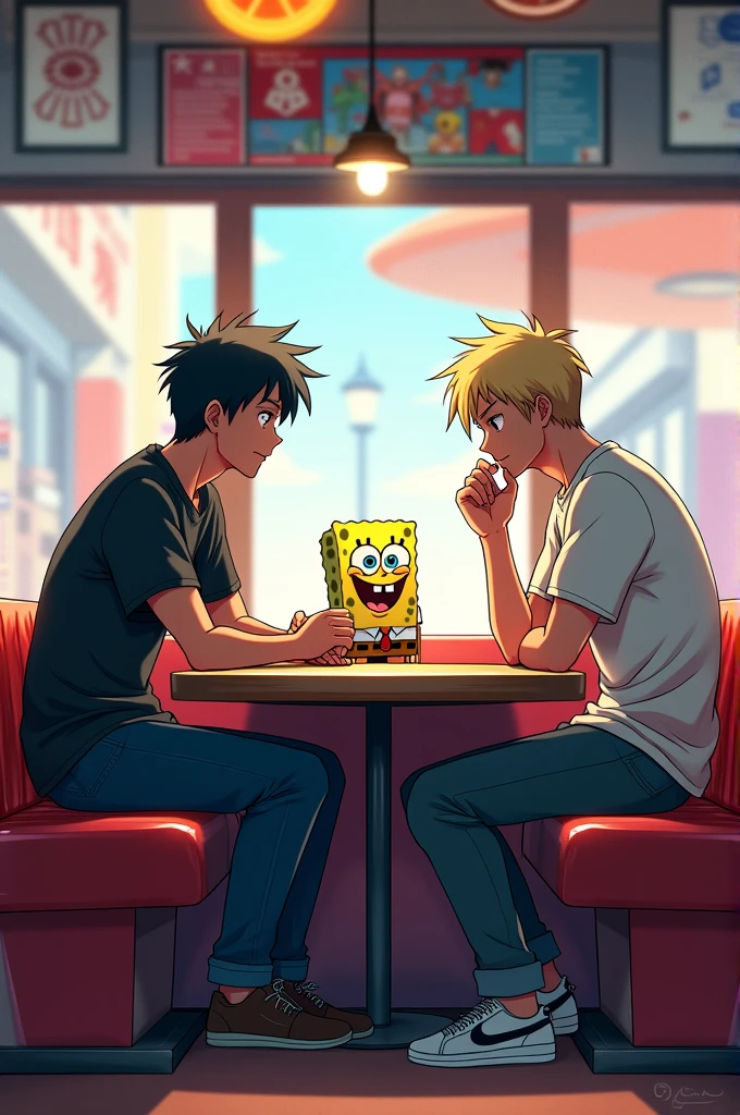 two men anime style, in an Arcade, sitting at a round table, one in front of the other,They are sitting on anime style benches , On a third bench sits an anime-style SpongeBob plush toy.
