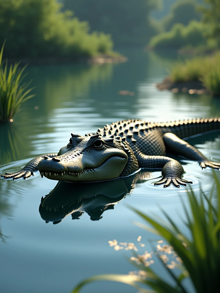 3D image drawing, alligator floating in the water