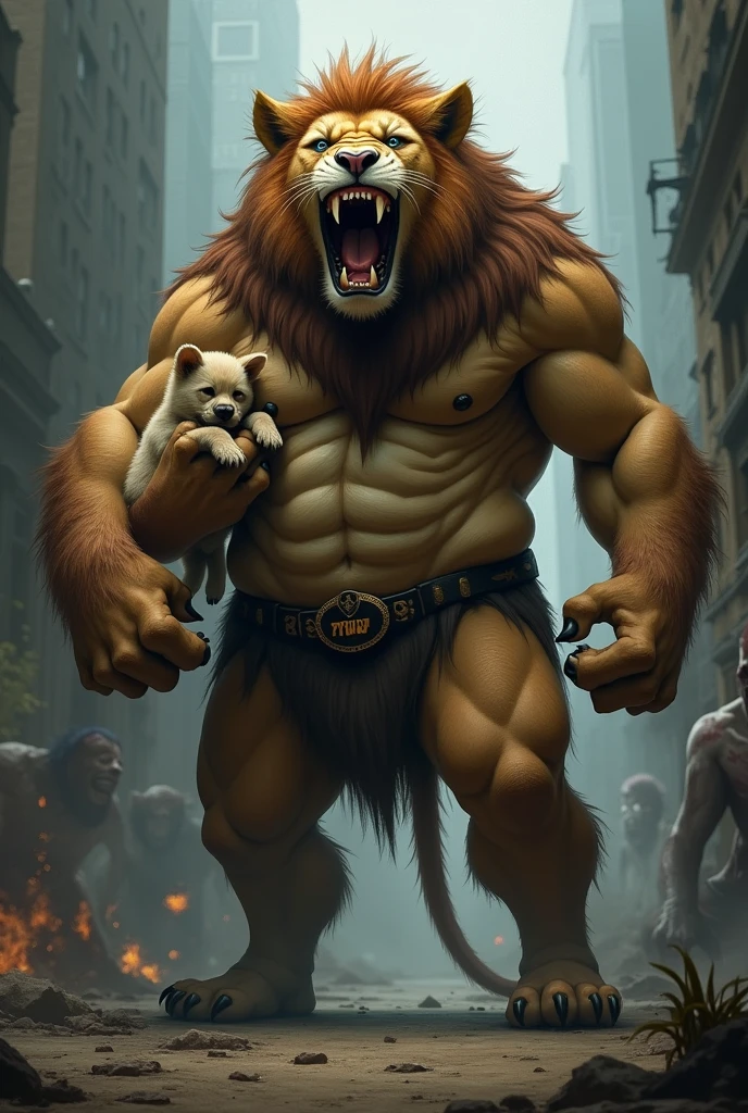 A Lion with human features, gigant ass, with a belt that says PWW. Protecting a puppy in his arms and roaring in the face of a zombie