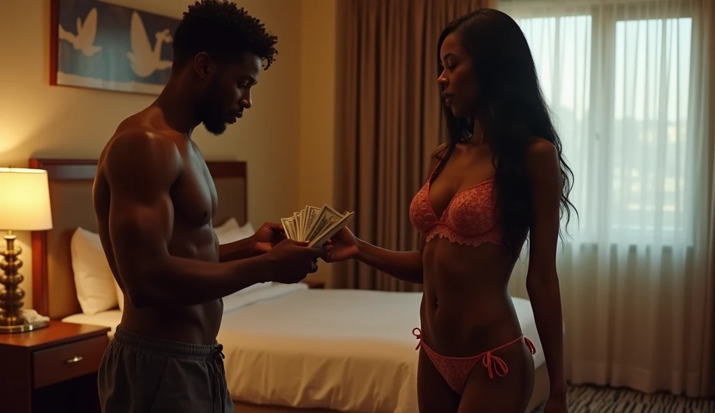 20-year old sexy, hot Nigerian female prostitute getting paid in cash by her male client in a hotel room.