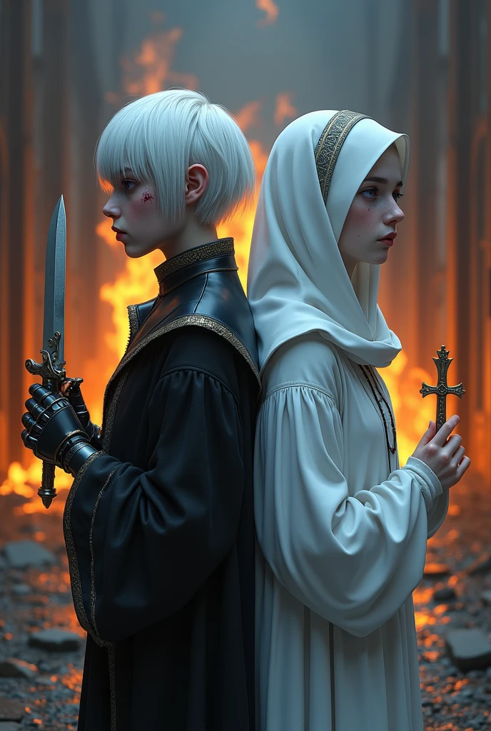 Two albino girls from the Middle Ages standing back to back with violet eyes and white hair, with the one on the left with short hair in dark alchemist clothes and with a steampunk prosthesis with the baphomet symbol in her left hand holding a short dagger and a cut on her face, and the one on the right in white nun&#39;s clothes holding a rosary, with a burning church behind, the night.