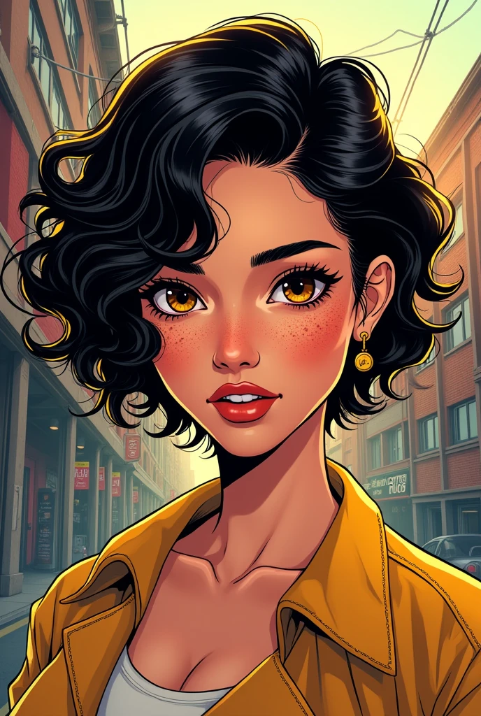 Make me an urban comic type girl, Short black curly hair with yellowish tones below, semi-slanted eyes, semi-wide nose with freckles on parts of his face, face outlined with something round, very pretty semi-wide lips and burnt white, black eyes with some brown.. we have cup A