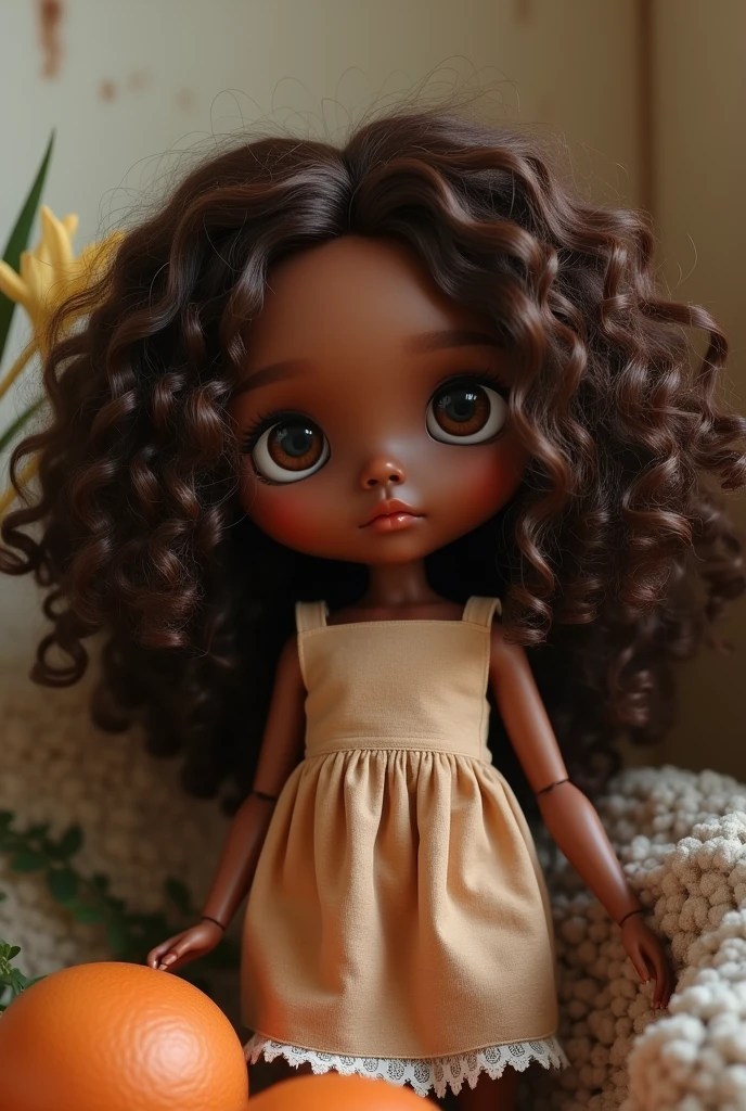 A brown skin blythe doll, long hair with sparse brown bangs, dark brown eyes, long eyelashes, brown lips