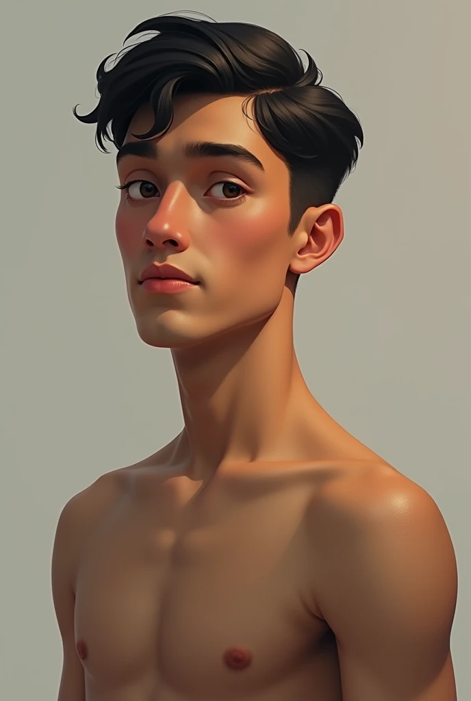 a tall boy (1.75), delgado, light tan, dark brown eyes and short black hair, bushy eyebrow, aquiline nose and a strong chin, clean shaven