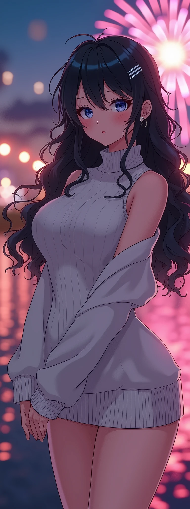 (best quality, ultra-detailed, photorealistic: 1.39), bright and vibrant colors, studio lighting, romantic expression, An effeminate girl, with a delicate and beautiful face. She is a girl who reflects seductive beauty, sparkling eyes, A beautiful adult woman beautiful and voluminous curly black hair, hair clip, crying a seductive 2 woman with big breasts seduces, with her large breasts seduces, Turtleneck sweater, white wool, sleeveless, beautiful sweater dress,, with beautiful legs, ankle boots, with her blue eyes that matches her soft smile, in a beautiful pose demonstrating her seduction on the in the park at night, beautiful event decoration with lights and fireworks, night with soft lighting, anime style, like a manwha character