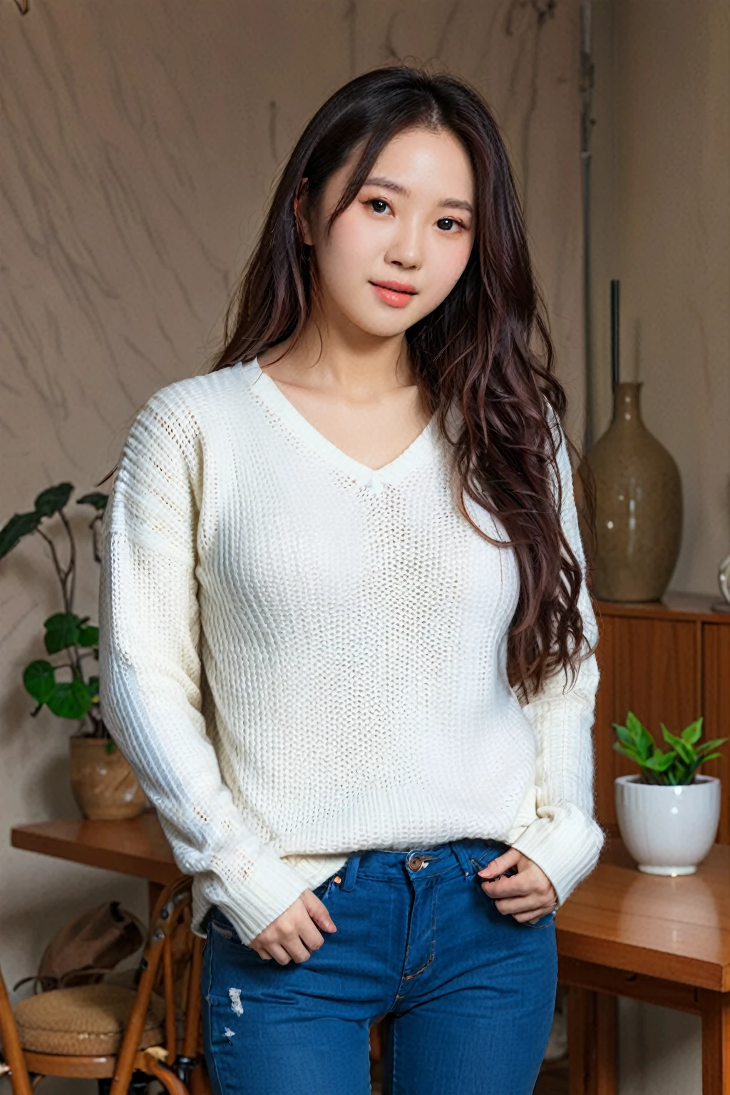 araffe asian woman with long hair wearing a white sweater and jeans, gorgeous young korean woman, beautiful young korean woman, asian girl with long hair, beautiful south korean woman, young adorable korean face, korean girl, cute young woman, young cute wan asian face, heonhwa choe, jaeyeon nam, cute korean actress, with long hair