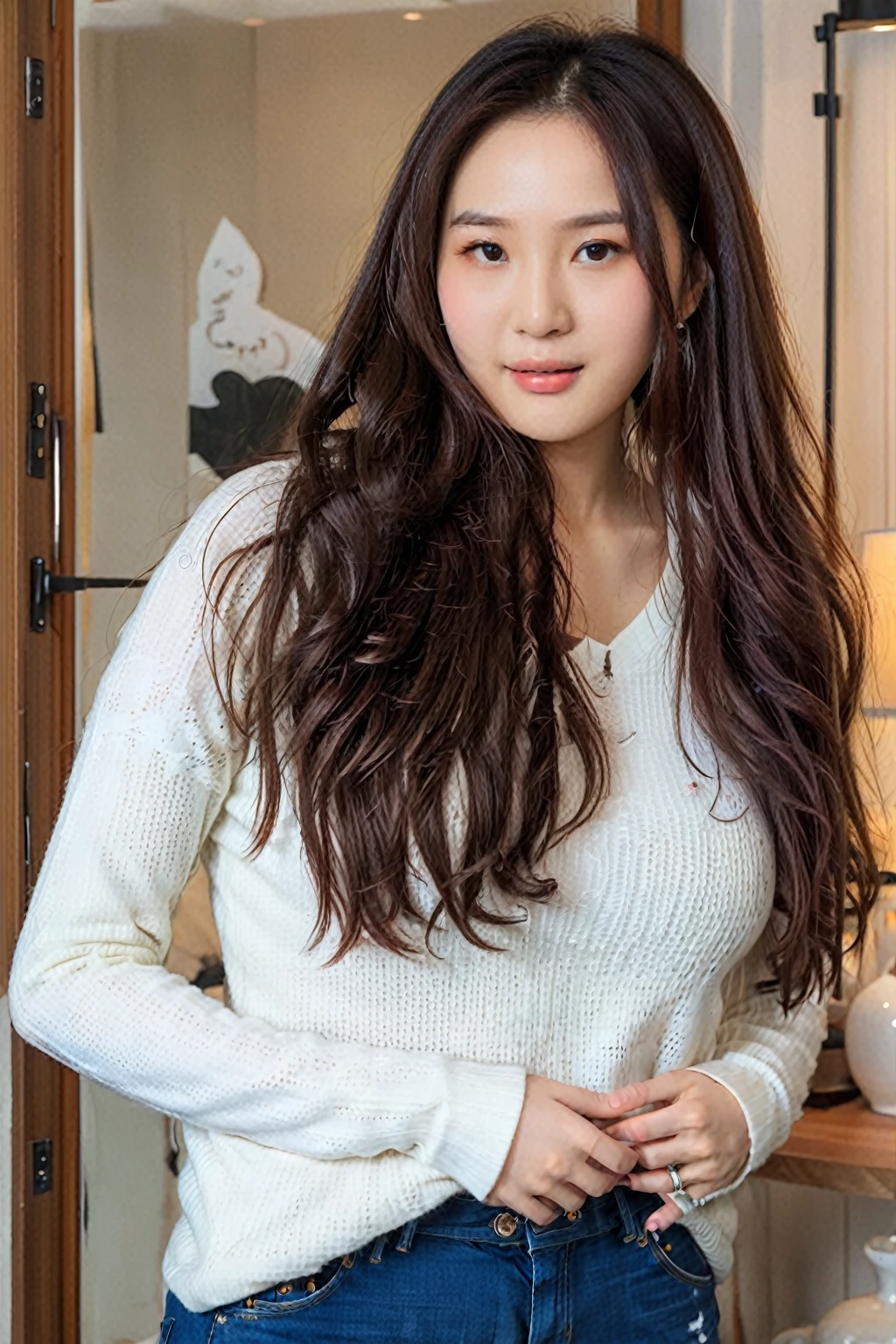 araffe asian woman with long hair wearing a white sweater and jeans, gorgeous young korean woman, beautiful young korean woman, asian girl with long hair, beautiful south korean woman, young adorable korean face, korean girl, cute young woman, young cute wan asian face, heonhwa choe, jaeyeon nam, cute korean actress, with long hair