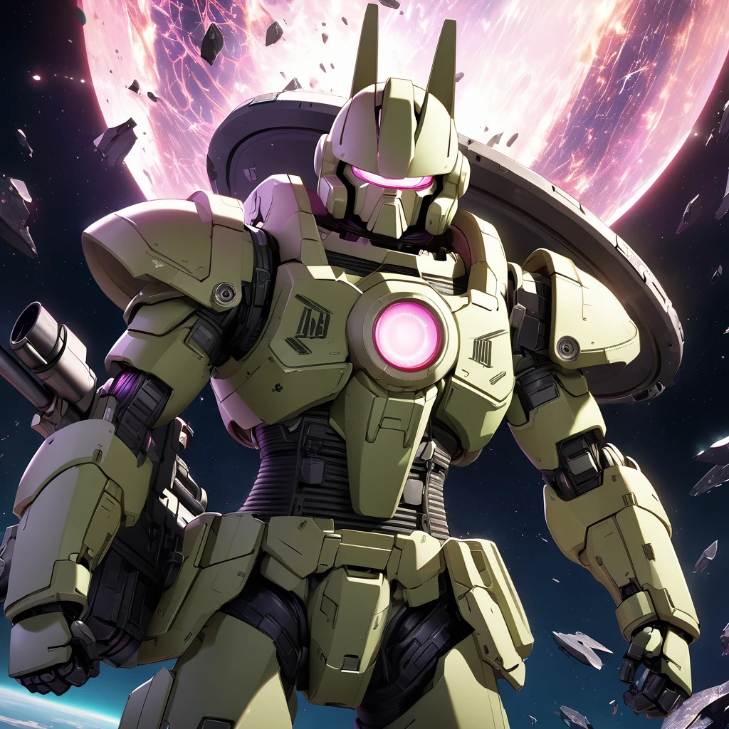 High resolution.High resolution.High-definition CG,8k,UHD Giant tube floating in space。Space Colony。Flashes occur one after another。
Second Sun。Shattered Metal。The brilliance of countless stardust。
Cyclops wearing an iron helmet floating in the void。MS-06,Zaku II,Khaki body color,A pale pink glowing eye。Menacing shoulder bulge。A raised metal chest that shows strength。
The arm of steel holds a machine gun with a drum magazine.。