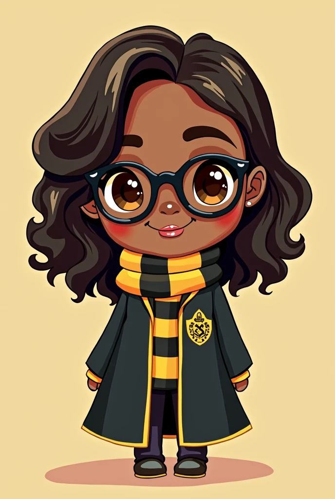 A chibi-style illustration of a 2 woman with shoulder-length, curly layered hair. She is black and has an oval face with large, prominent cheeks and full lips. Her eyes are large and brown, framed by black cat-eye glasses that add a touch of style. She is dressed in a cute Hufflepuff outfit, including a black cloak with yellow trim and a yellow and black striped scarf. The Hufflepuff crest is visible on her chest, and she has a cheerful and loyal expression, with a simple, pastel background to emphasize her features.