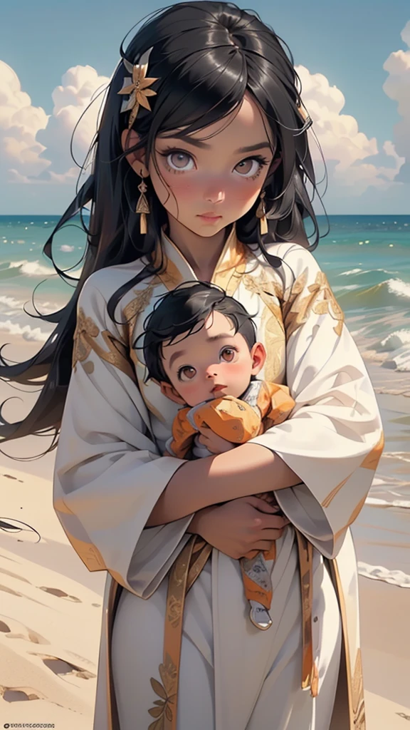 ,(((,1boy,male gender))),(((()))),
child's chest,(((black hair,long hair,colored inner hair))),((orange_eyes:1.3))),intricate eyes,beautiful detailed eyes,symmetrical eyes,big eyes:1.5,(((black skin,dark skin,lustrous skin:1.5,tanned skin,bright skin: 1.5,skin tanned,shiny skin,very shiny skin,shiny body))),(((kid body,a little chubby,good anatomy,accurate body proportions,detailed shota body for young boy,))),(((detailed face ans))),
(mexican clothes),(((robe outfit,robe clothes))),((bulge in pants)),((white and red clothes theme,intricate outfit,intricate clothes)),
(dynamic pose:1.0),embarrassed,(centered,scale to fit dimensions,Rule of thirds),
((Sky, Sea, clouds,)), with dark stormy clouds,((beach scenery,intricate scenery)),
(Glossy mexican ornaments),highres,sharp focus,(ultra detailed,extremely detailed),(photorealistic artwork:1.37),(extremely detailed CG unity 8k wallpaper),(((vibrant colors,vibrant theme))),(intricate),(masterpiece),(best quality),artistic photography,(photography taken by sldr),(intricate background),perfect rendered face,perfect face details,realistic face,photo realistic,((intricate detail)),(((realism))),