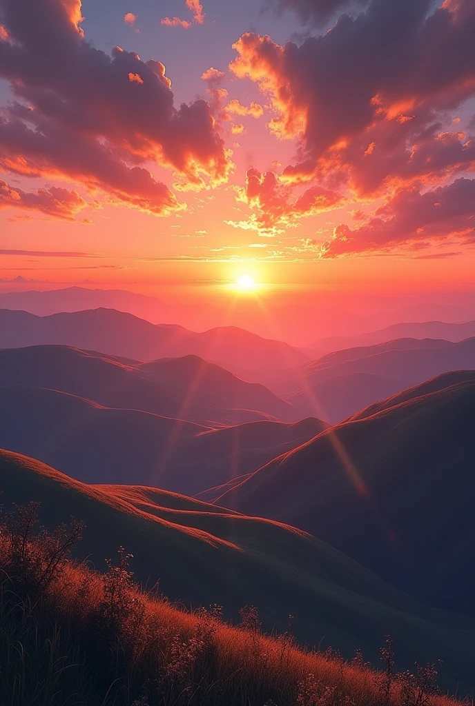 create an image of a sunset from the top of a hill