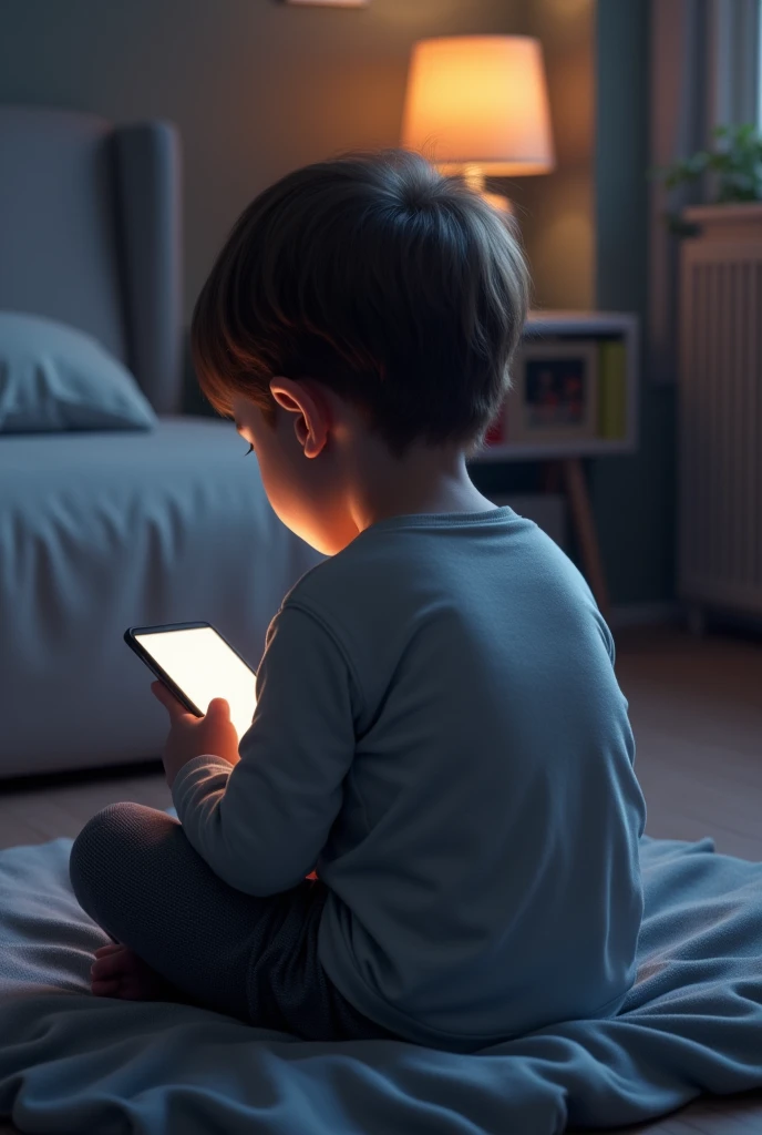 Create an image of a child sitting with his back turned playing his cell phone 