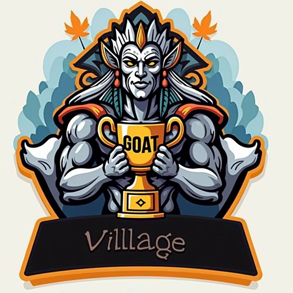 create a sports logo with the name "village" with a mascot God of thunder Tupã holding a trophy written "goat" por dentro