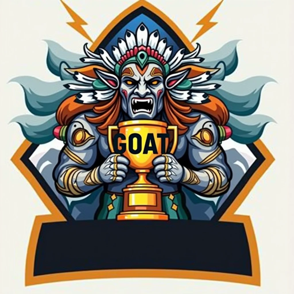 create a sports logo with the name "village" with a mascot an indigenous God holding a trophy written "goat" inside the trophy 