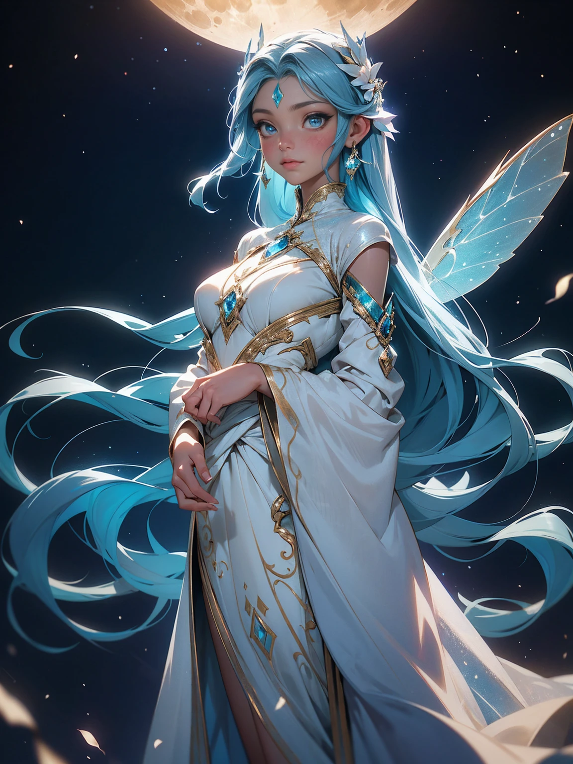 Create an image of Alara, a graceful and luminous fairy who embodies the enchanting qualities of moonlight. She has delicate, translucent wings that shimmer with a silvery-blue hue, reflecting the glow of the moon. Her hair is long and flowing, with a soft, ethereal quality, and it shimmers like spun silver, catching the light with every movement. Her eyes are a deep, luminous blue, reminiscent of the night sky, filled with wisdom and a touch of mischief. Alara's skin has a soft, iridescent glow, almost as if she is bathed in the light of the moon. She is adorned in a flowing dress made of gossamer-like material that seems to be woven from moonbeams and stardust. The dress is light and airy, with intricate patterns resembling constellations and crescent moons embroidered into the fabric. She stands in a mystical forest, surrounded by faintly glowing orbs of light that float gently around her. The environment is bathed in the soft glow of the moon, casting delicate shadows and adding a magical atmosphere to the scene. Alara's pose is elegant, with one hand gently reaching out as if to touch the light around her, and her expression is a mixture of curiosity and quiet strength. The overall atmosphere of the image should evoke a sense of serenity and enchantment, capturing Alara's deep connection to the moon and the natural world around her.
