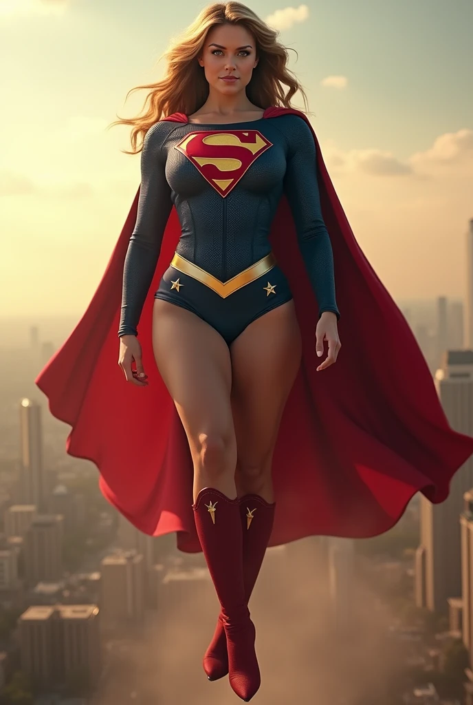 Super Lorraine Bracco(big fat woman; powerful; trusting; higher) 2007 (((Woman with defined body, big, strong and firm breasts; Supergirl 1984s fancy dress))) as Supergirl(((Filme da Supergirl de 2007 de Lorraine Bracco))); floating in mid - air.