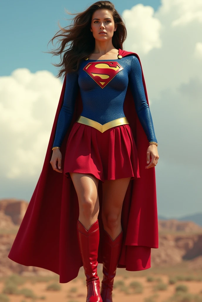 Super Lorraine Bracco(big fat woman; powerful; trusting; higher) 2007 (((Woman with defined body, big, strong and firm breasts; Supergirl 1984s fancy dress))) as Supergirl(((Filme da Supergirl de 2007 de Lorraine Bracco))); floating in mid - air.