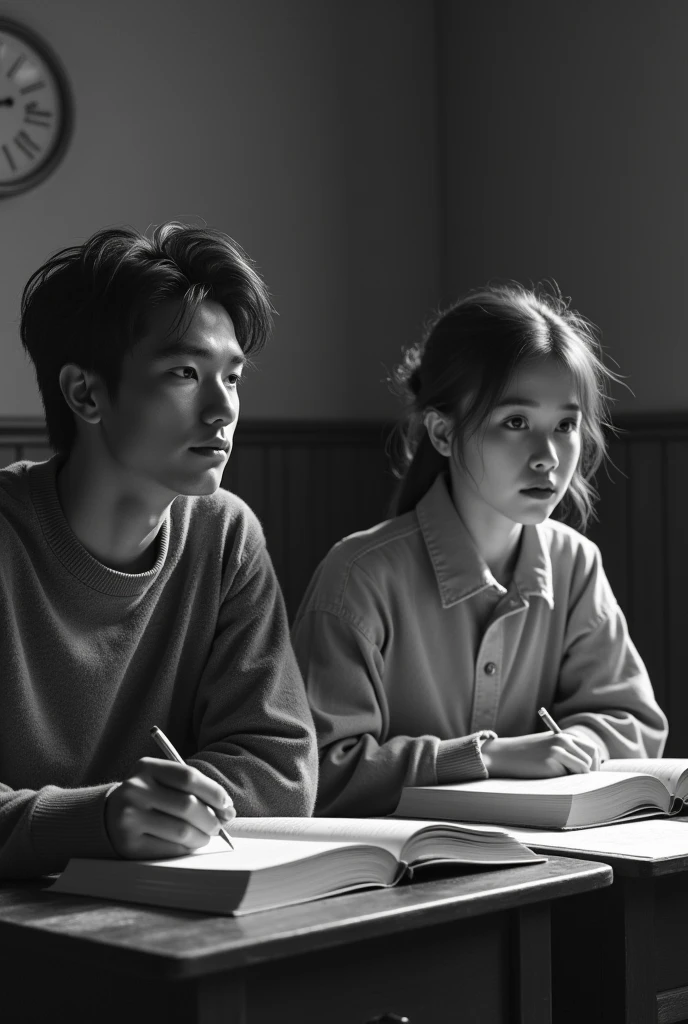 two young people (relaxed man and studious woman) 20 and 2 at school studying a little apart, old black and white image

