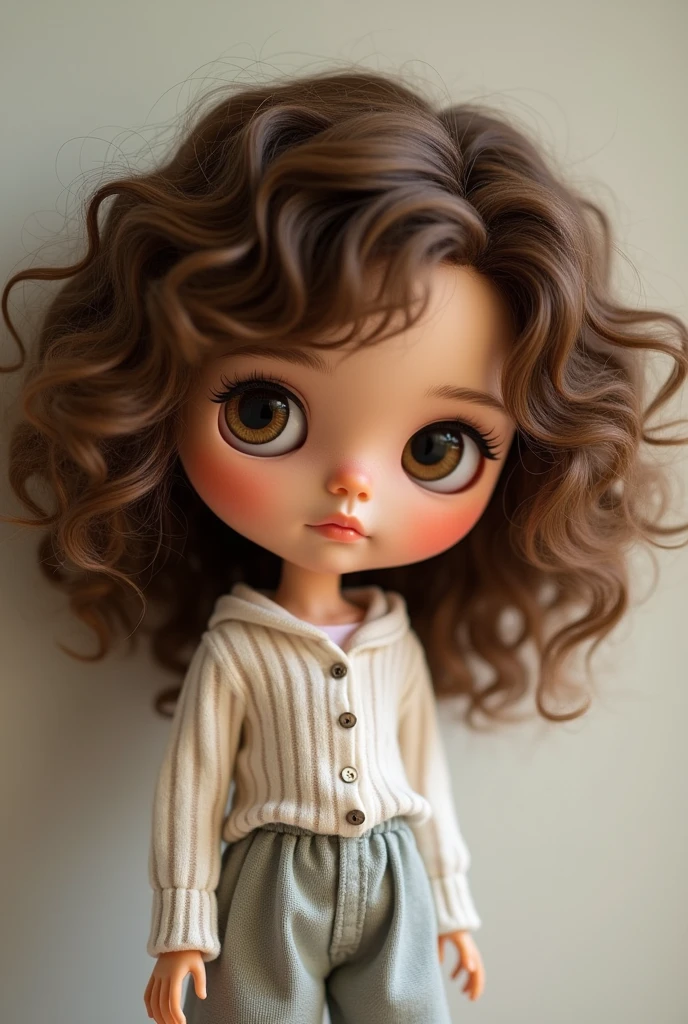 blythe doll medium cacheado hair brown whith frizz, com o cabelo cacheado e a pele morena claro com olhos marrons 