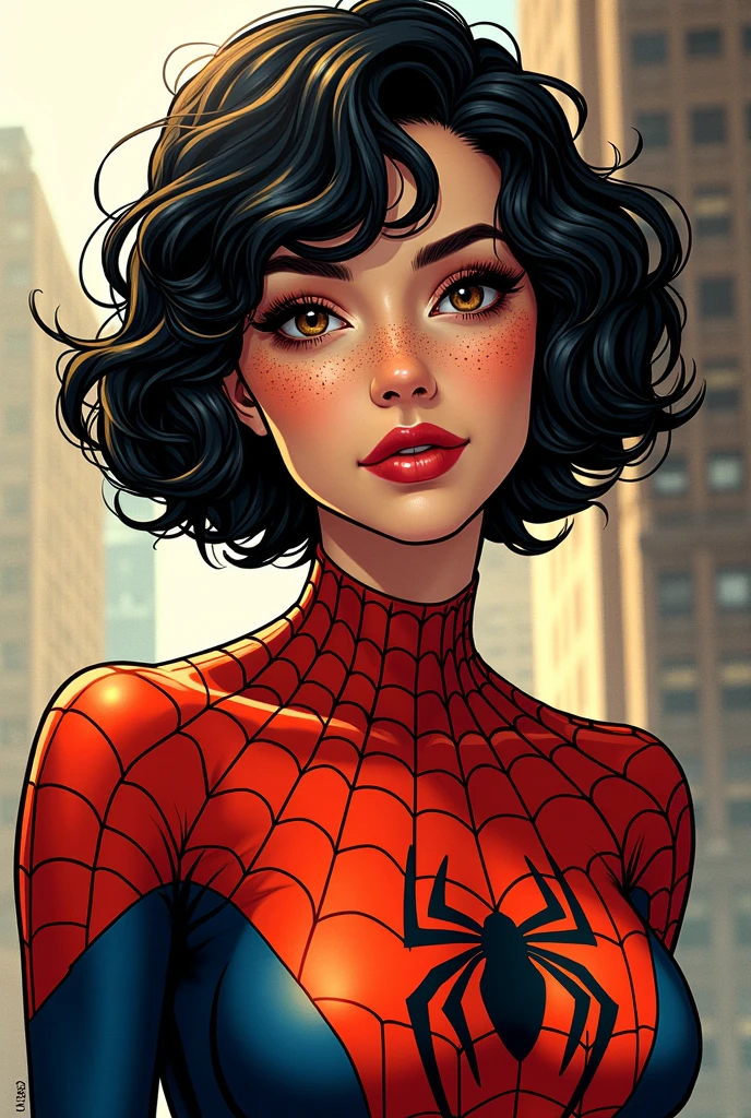 Make me a comic book girl dressed as spiderwoman, Short black curly hair with yellowish tones below, semi-slanted eyes, semi-wide nose with freckles on parts of his face, face outlined with something round, very pretty semi-wide lips and burnt white, black eyes with some brown.. We don't know much