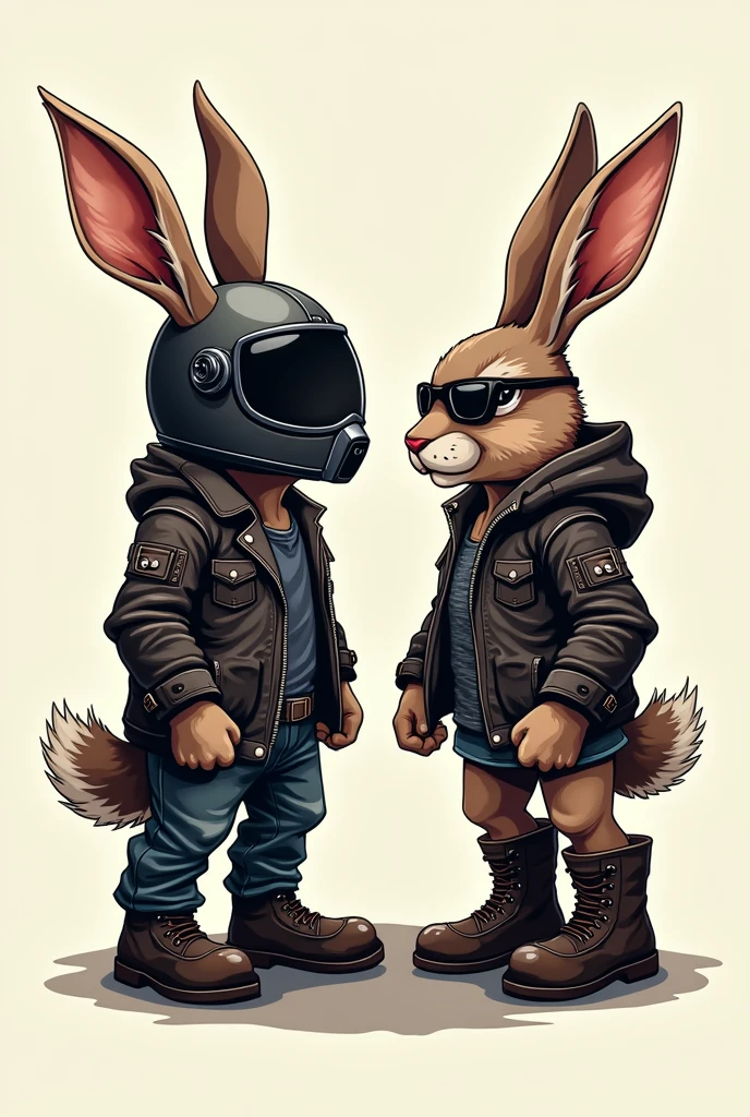 Create a slightly aggressive vector logo with two naked rabbits, One with a motorcycle helmet with his ears sticking out of the helmet, plus a leather biker vest and boots, the other a female with glasses a leather biker vest and boots