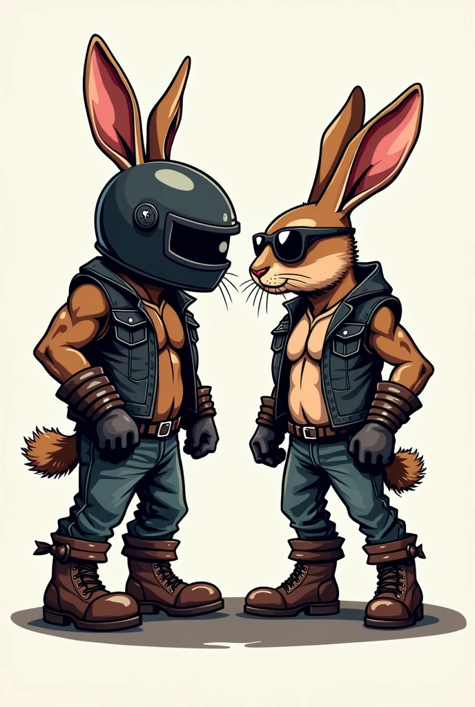 Create a slightly aggressive vector logo with two naked rabbits, One with a motorcycle helmet with his ears sticking out of the helmet, plus a leather biker vest and boots, the other a female with glasses a leather biker vest and boots