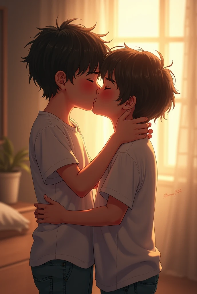 Two boys kiss each other