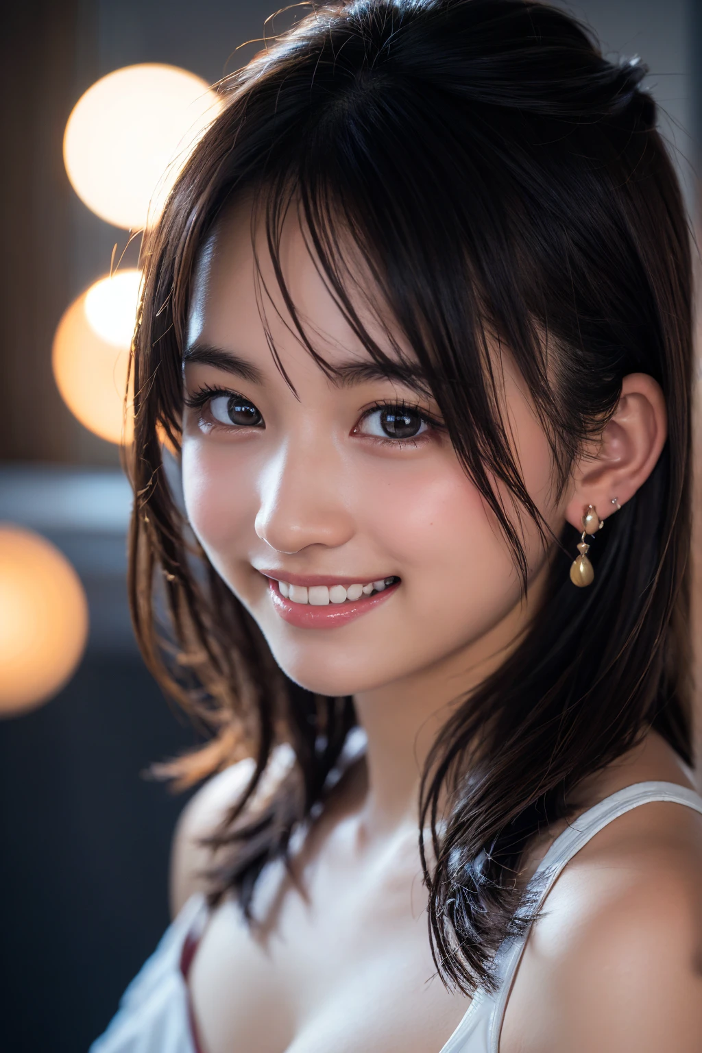 (8k, RAW Photos,Highest quality, High resolution:1.1), (Ultra-realistic:1.4),(Realistic:1.4), Realistic Face,Not too small breasts,Realistic Skin,masterpiece,(cute:1.8), Japanese, ((Swimsuit)), Upper Body, Beautiful dark eyes,Innocent eyes,Cinema Lighting,Film Grain,jewelry,Earrings,((Medium Hair:1.1)),Cherry colored lips,Hair Ribbon,ponytail,Audience,Long Hair,,Open your lips,Upper teeth, (Smiling Eyes:0.6),((Grin:1.3)),Blurred Background, Eye focus , Bokeh,young, 85mm lens, Photon Mapping,Radio City,