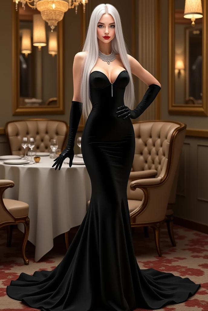 A woman with long, straight white hair,She will wear an elegant black strapless dress and will wear a diamond necklace and black gloves..,she will be in a fancy restaurant with gold accents,I want her to stand and pose with her hand on her waist and I want her to wear a really long dress